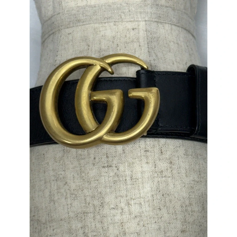 Vintage Gucci GG Marmont Leather Belt Unisex Size 32 Antiqued Gold Buckle w/ COA